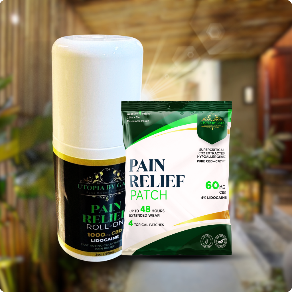 Utopia by Gaea Pain Relief CBD products, including roll-on and patch, for effective pain management, featuring natural ingredients, up to 48 hours extended wear, and 4% lidocaine.