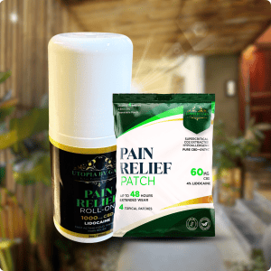 Utopia by Gaea Pain Relief CBD products, including roll-on and patch, for effective pain management, featuring natural ingredients, up to 48 hours extended wear, and 4% lidocaine.
