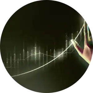 High-tech financial graph with rising trend line, digital data visualization, and a person analyzing growth patterns in a modern technological setting.