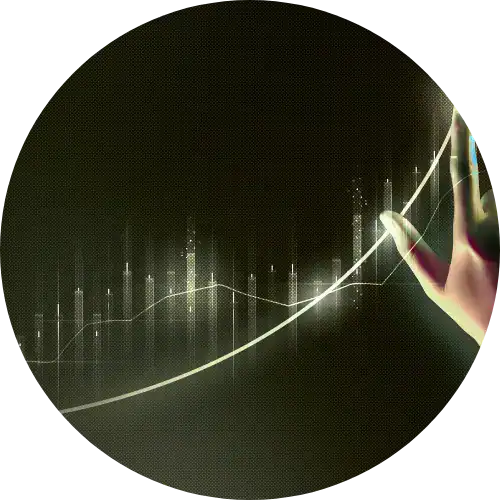 High-tech financial graph with rising trend line, digital data visualization, and a person analyzing growth patterns in a modern technological setting.