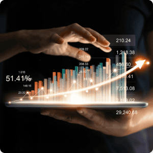 High-tech digital financial growth chart with upward trend, abstract glowing bar graph and arrow representing success, innovation, and economic progress in digital banking and fintech industries.