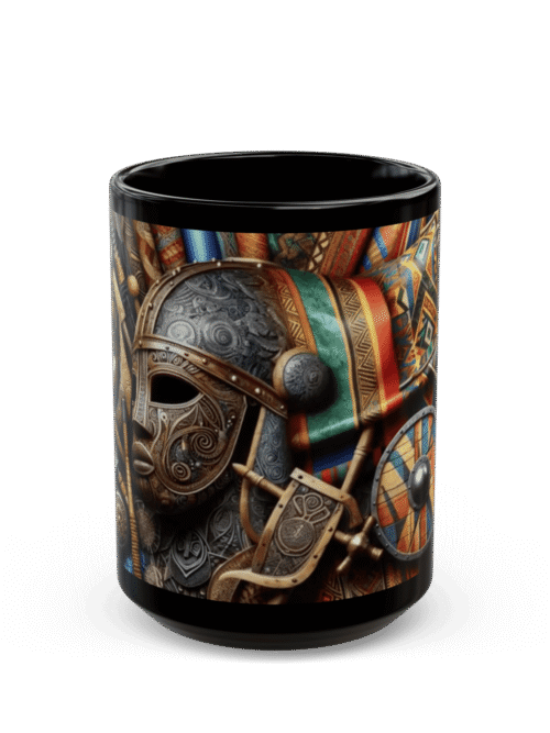 Decorative mug featuring traditional African tribal masks, shields, and artifacts with vibrant colors and intricate patterns, celebrating African cultural heritage.