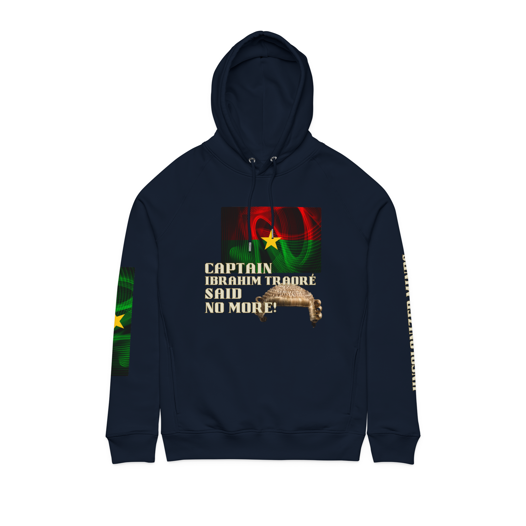 A navy blue hoodie featuring Burkina Faso's flag and a message saying "Burkina Faso Said No More," with a stylized puff pastry graphic and designs inspired by the country's flag colors.