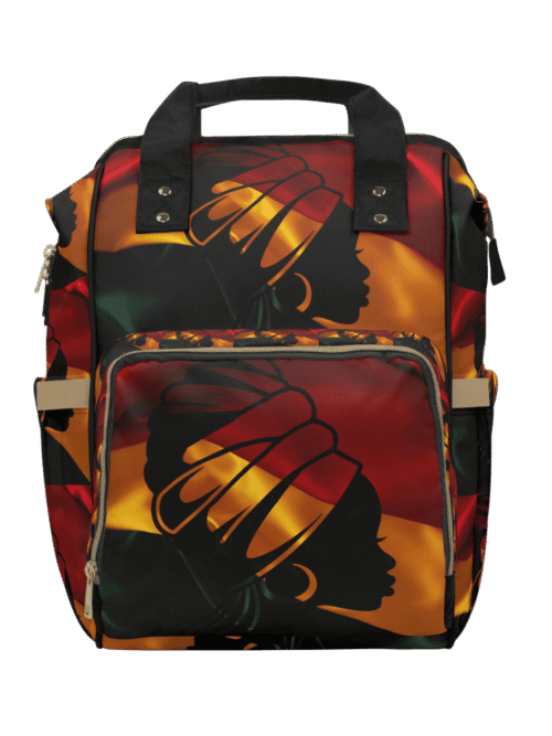 Stylish black backpack featuring vibrant African art-inspired silhouette design in red, yellow, and orange colors, perfect for everyday use and cultural expression.