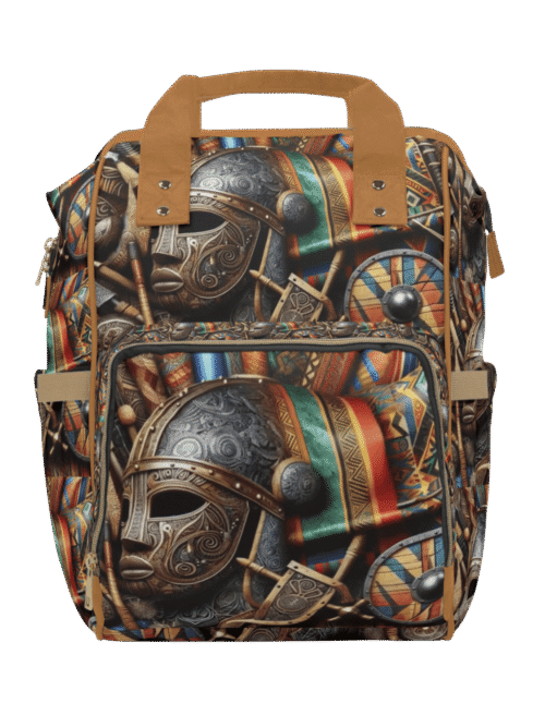 Colorful backpack featuring a detailed ancient warrior mask design with vibrant patterns and metallic accents, perfect for fans of history and unique accessories.