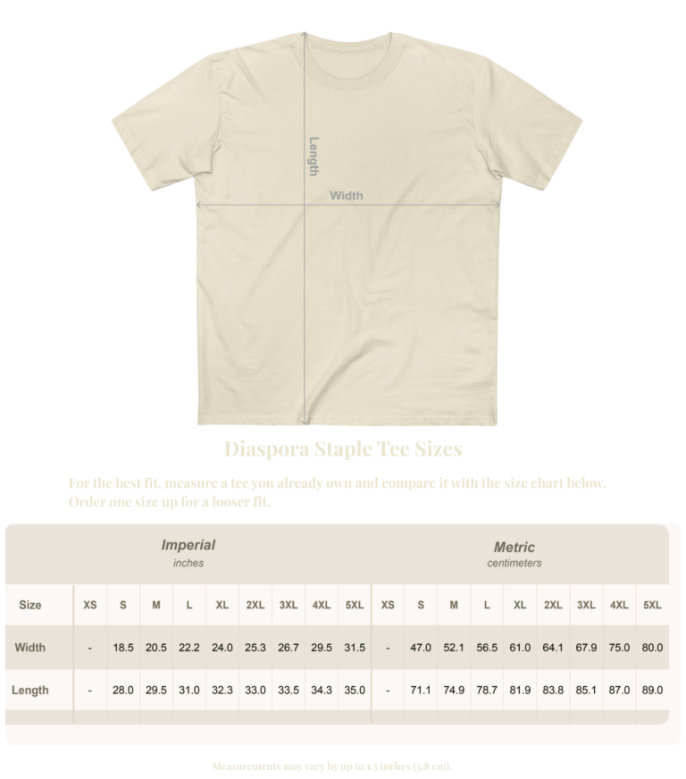 Diaspora Staple Tee Size Chart