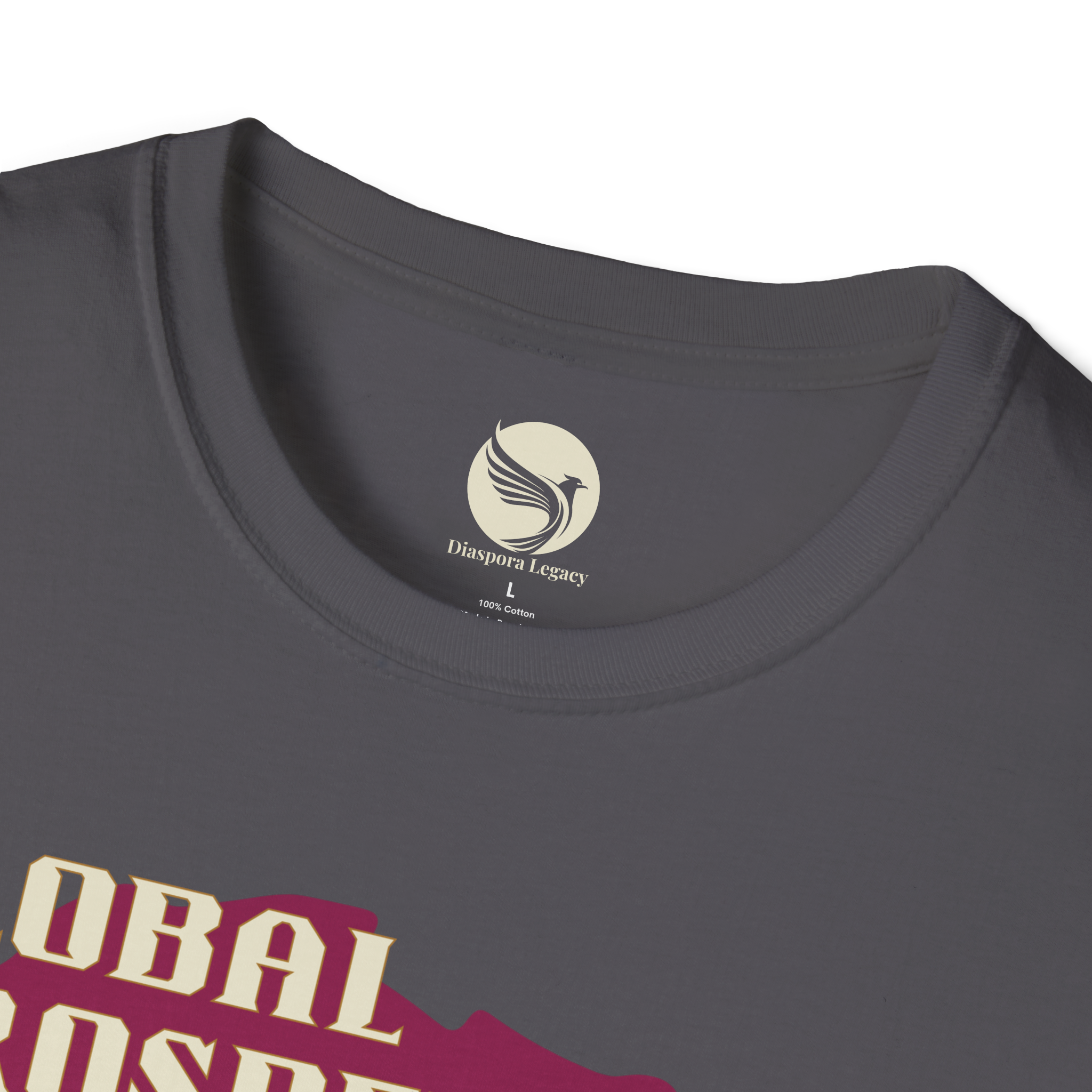 Africa Powered It |Charcoal Front Collar Closeup View Africa Powered It Unisex Softstyle Movement T-Shirt